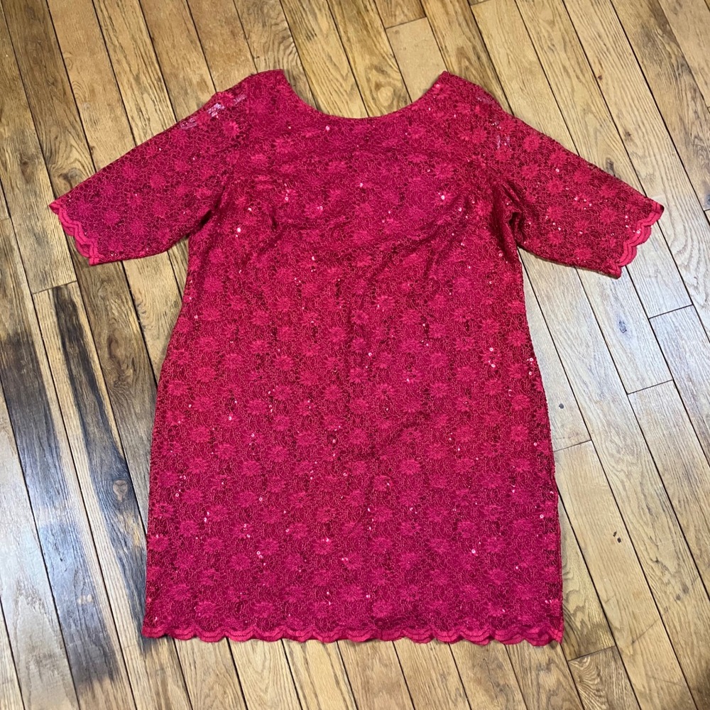 Calvin Klein Red Sequin Lace Short Sleeve‎ Shift Dress